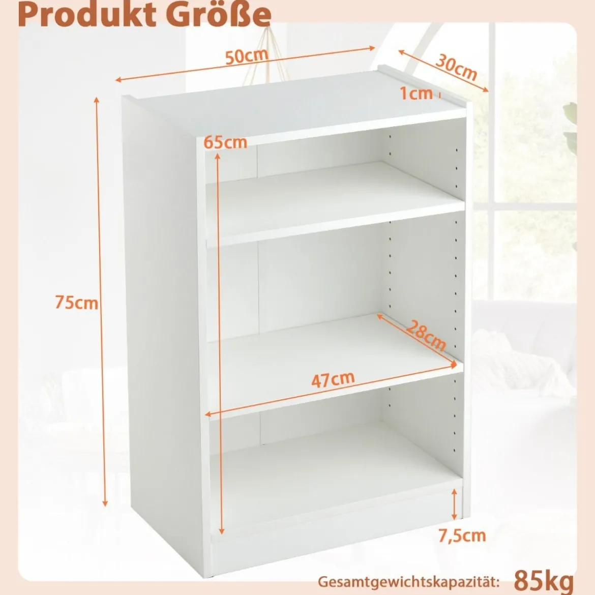 Ablageregal 3-Stöckiges Bücherregal 50 x 30 x 75 cm Weiß