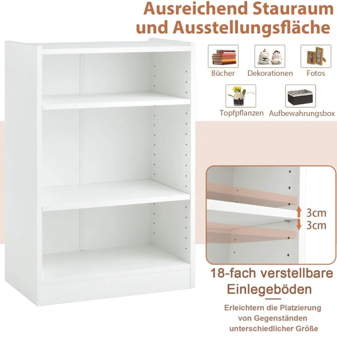 Ablageregal 3-Stöckiges Bücherregal 50 x 30 x 75 cm Weiß