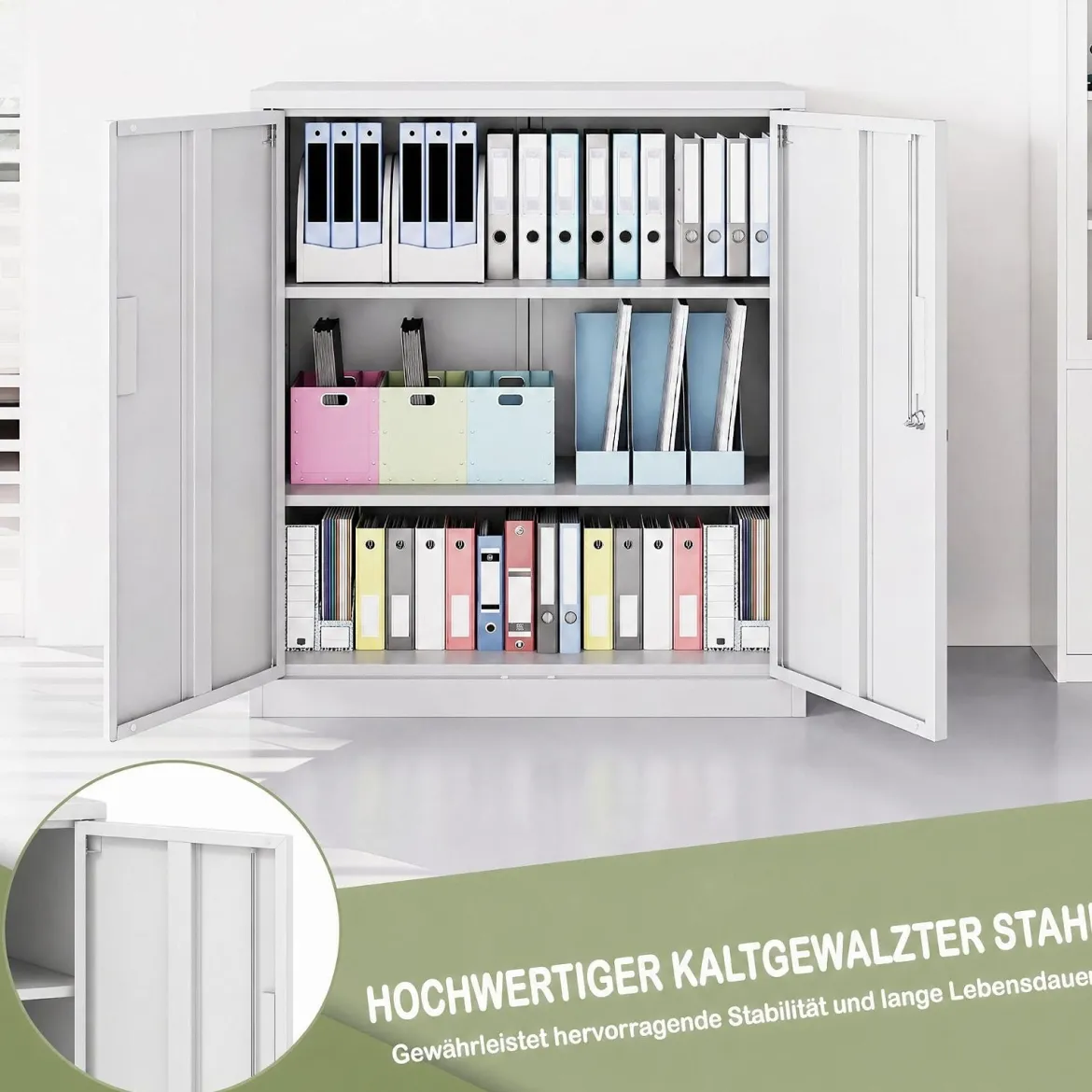 Abschließbarer Aktenschrank mit Doppeltür & 2 Verstellbaren Regalen Metallschrank