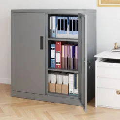 Abschließbarer Aktenschrank mit Doppeltür & 2 Verstellbaren Regalen Metallschrank