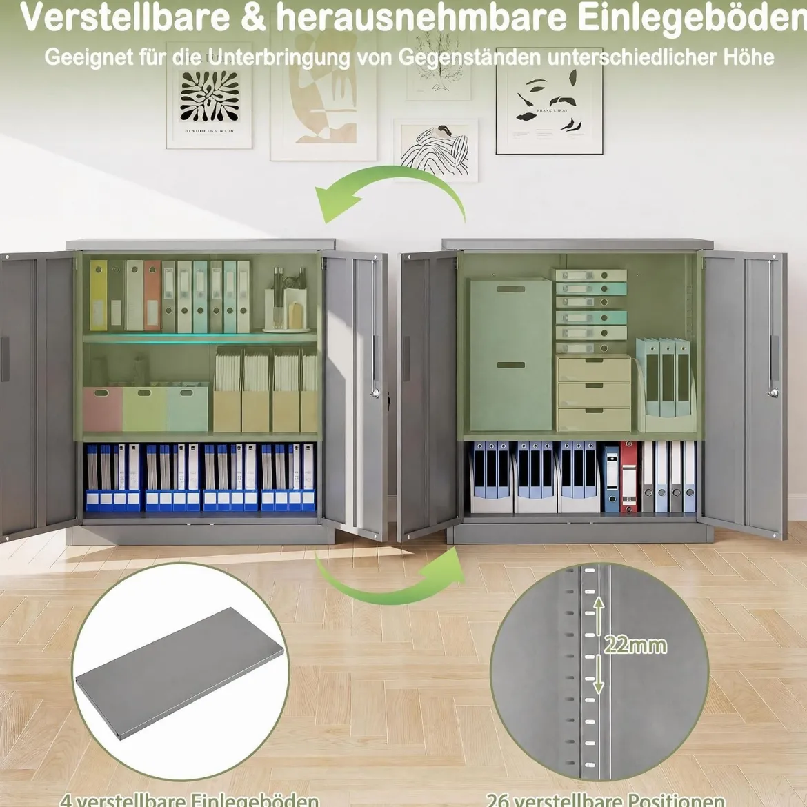 Abschließbarer Aktenschrank mit Doppeltür & 2 Verstellbaren Regalen Metallschrank