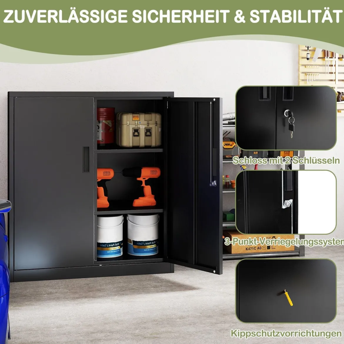 Abschließbarer Aktenschrank mit Doppeltür & 2 Verstellbaren Regalen Metallschrank