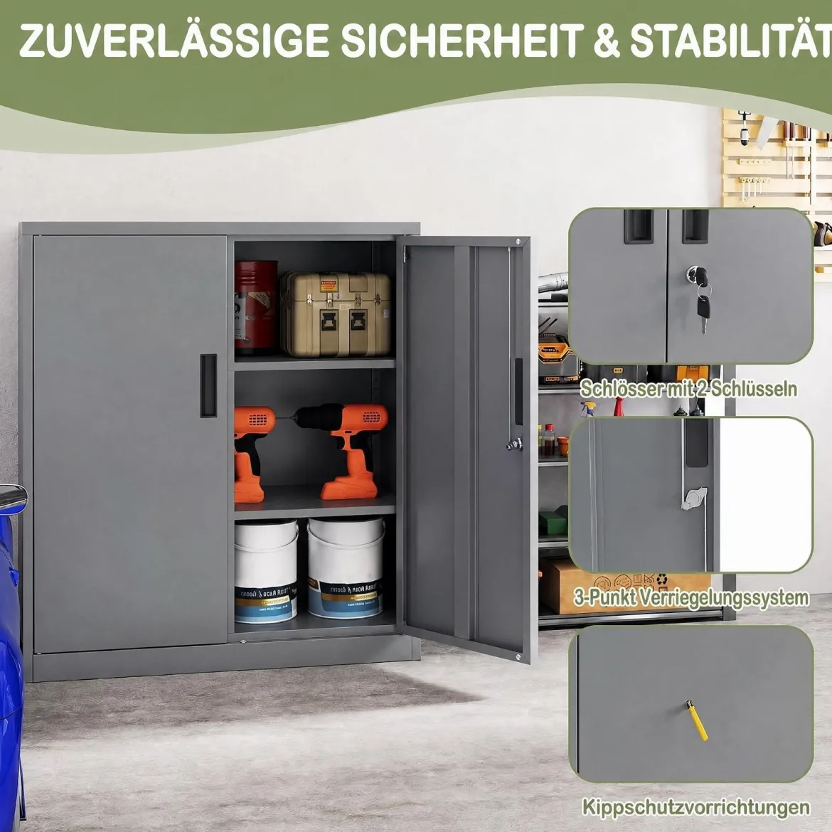 Abschließbarer Aktenschrank mit Doppeltür & 2 Verstellbaren Regalen Metallschrank