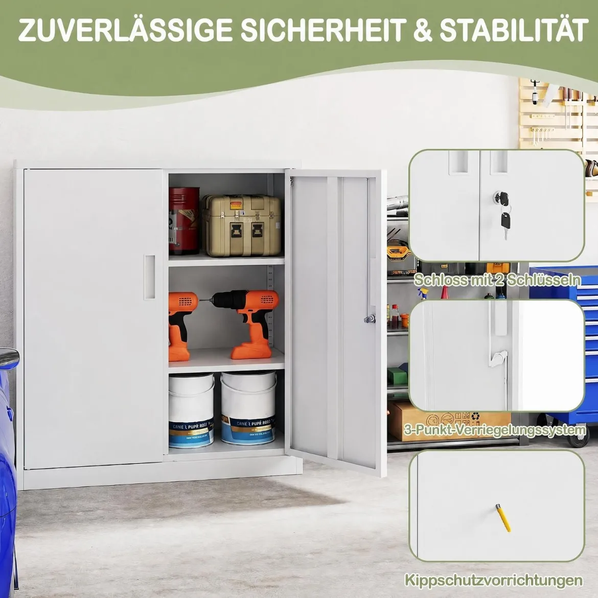 Abschließbarer Aktenschrank mit Doppeltür & 2 Verstellbaren Regalen Metallschrank