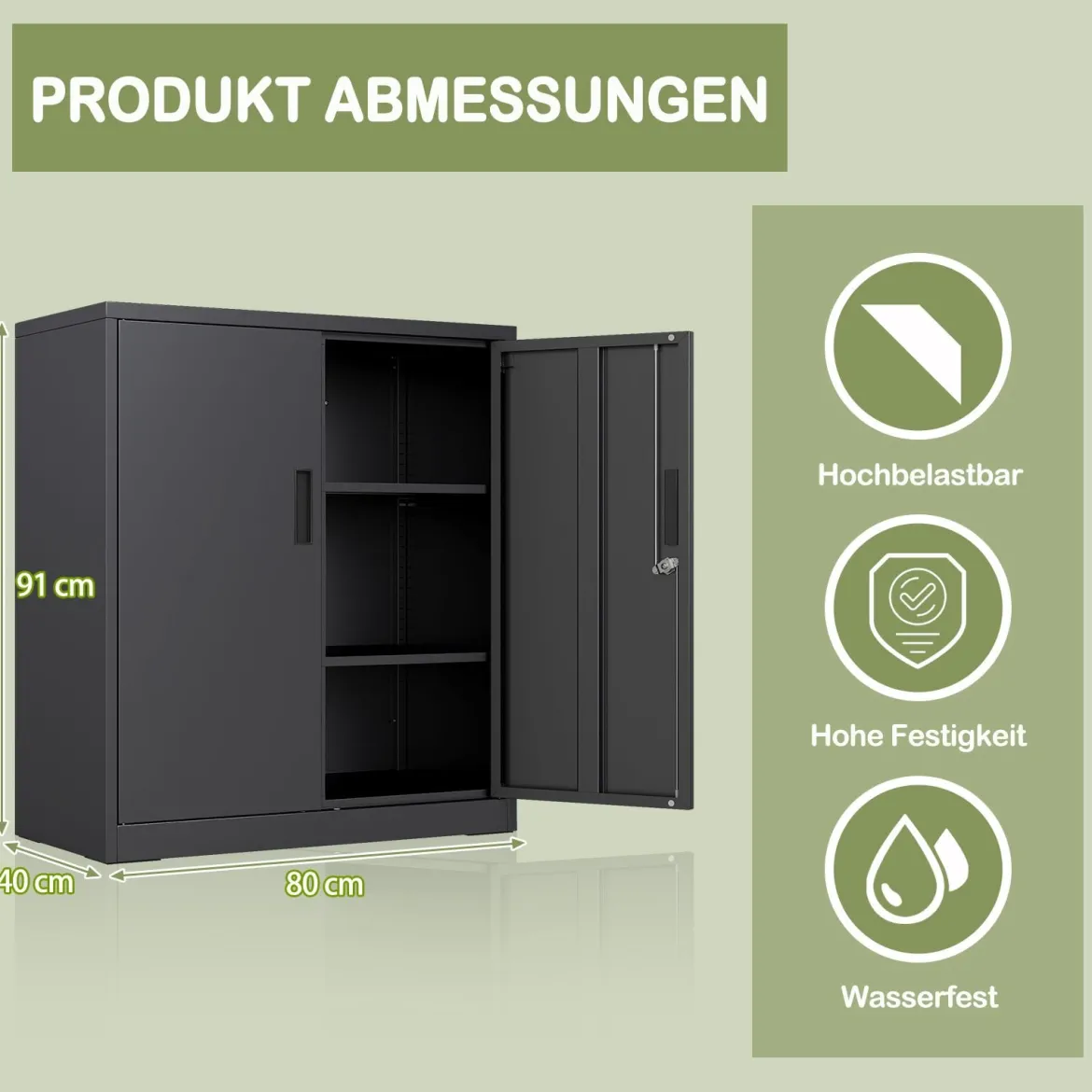Abschließbarer Aktenschrank mit Doppeltür & 2 Verstellbaren Regalen Metallschrank