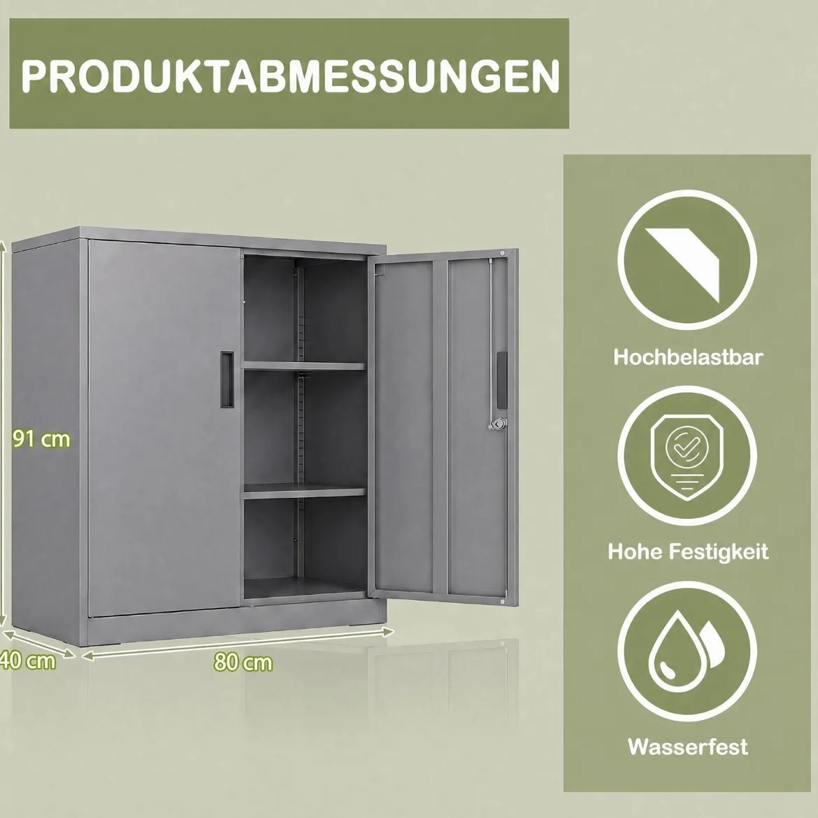 Abschließbarer Aktenschrank mit Doppeltür & 2 Verstellbaren Regalen Metallschrank