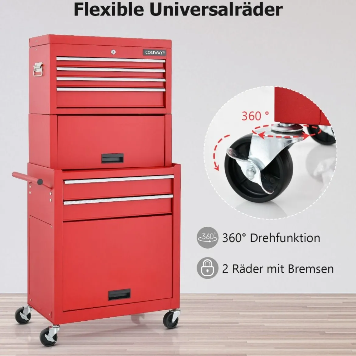 Abschließbarer 2-in-1-Werkzeugtruhe mit hoher Kapazität Griff 6 Schubladen & 4 Rädern abnehmbare Rot