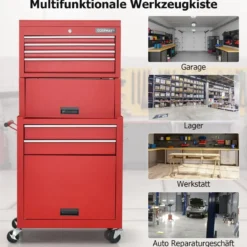 Abschließbarer 2-in-1-Werkzeugtruhe mit hoher Kapazität Griff 6 Schubladen & 4 Rädern abnehmbare Rot