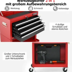 Abschließbarer 2-in-1-Werkzeugtruhe mit hoher Kapazität Griff 6 Schubladen & 4 Rädern Rot + Schwarz