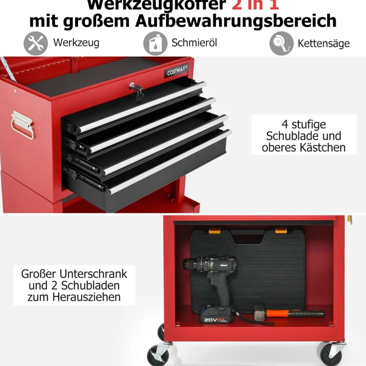 Abschließbarer 2-in-1-Werkzeugtruhe mit hoher Kapazität Griff 6 Schubladen & 4 Rädern Rot + Schwarz