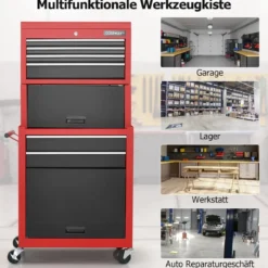 Abschließbarer 2-in-1-Werkzeugtruhe mit hoher Kapazität Griff 6 Schubladen & 4 Rädern Rot + Schwarz