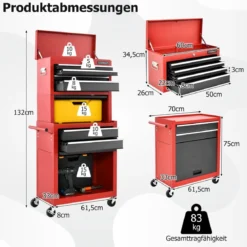 Abschließbarer 2-in-1-Werkzeugtruhe mit hoher Kapazität Griff 6 Schubladen & 4 Rädern Rot + Schwarz