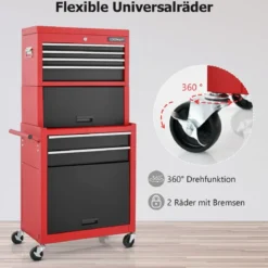 Abschließbarer 2-in-1-Werkzeugtruhe mit hoher Kapazität Griff 6 Schubladen & 4 Rädern Rot + Schwarz
