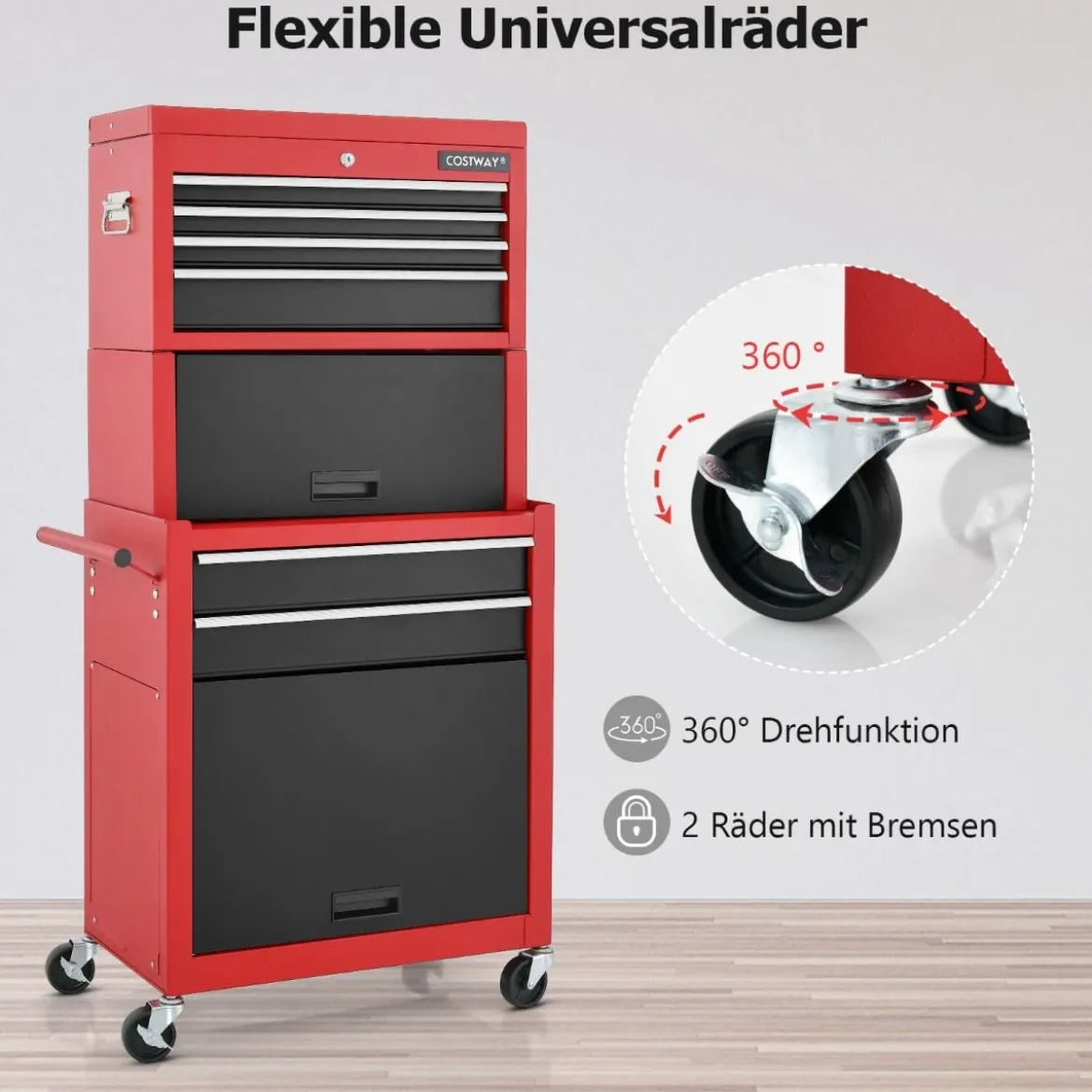 Abschließbarer 2-in-1-Werkzeugtruhe mit hoher Kapazität Griff 6 Schubladen & 4 Rädern Rot + Schwarz