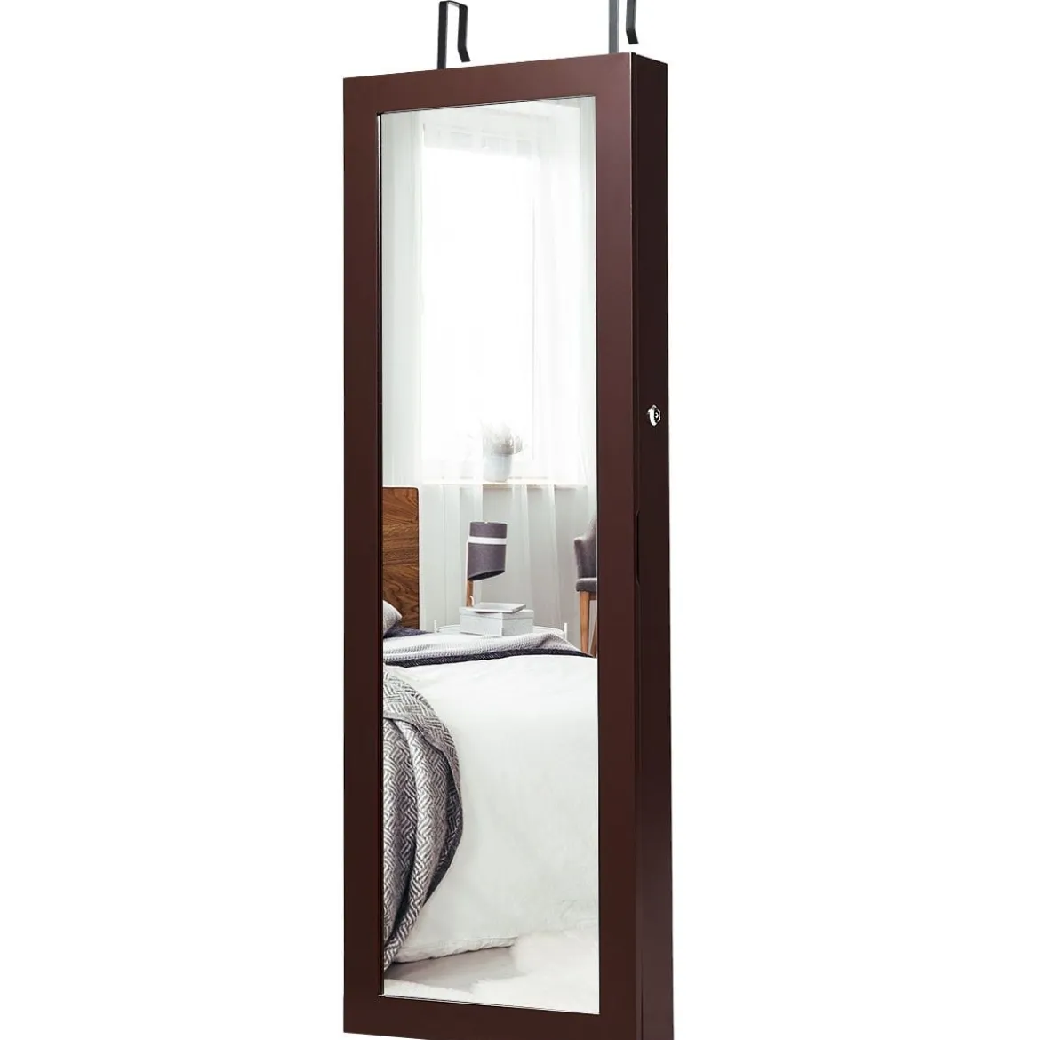 Abschließbarer LED-Schmuckschrank mit Ganzkörper-Spiegel 37 x 9.5 x 108 cm Braun