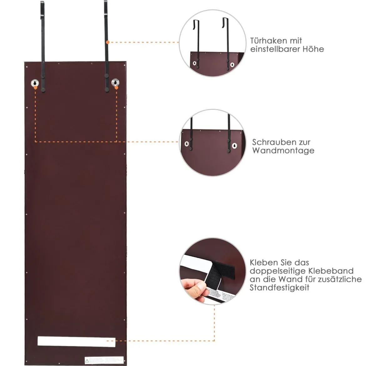 Abschließbarer LED-Schmuckschrank mit Ganzkörper-Spiegel 37 x 9.5 x 108 cm Braun