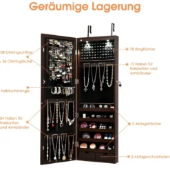 Abschließbarer LED-Schmuckschrank mit Ganzkörper-Spiegel 37 x 9.5 x 108 cm Braun