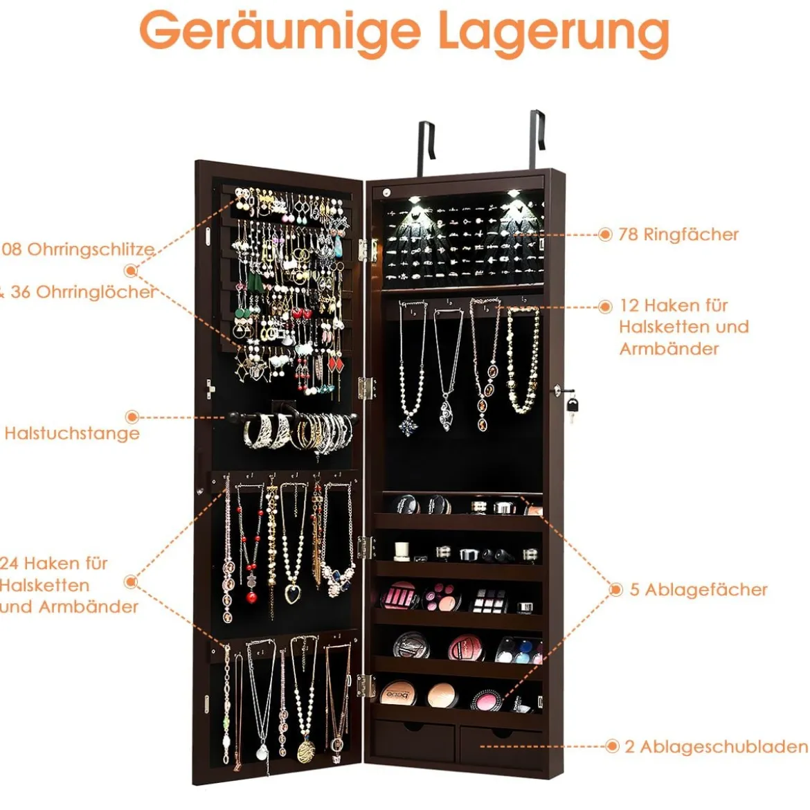Abschließbarer LED-Schmuckschrank mit Ganzkörper-Spiegel 37 x 9.5 x 108 cm Braun
