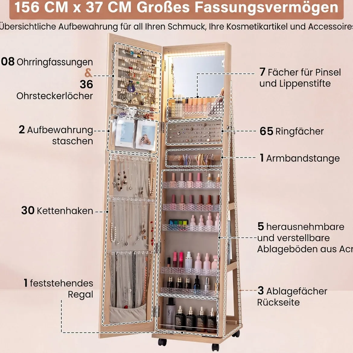 Abschließbarer Schmuckschrank mit Integriertem Schminkspiegel Verstellbaren Ablagen & Stauraum Natur