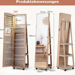 Abschließbarer Schmuckschrank mit Integriertem Schminkspiegel Verstellbaren Ablagen & Stauraum Natur