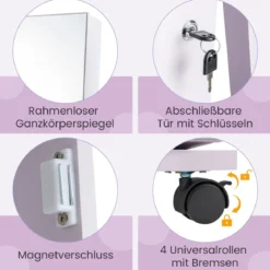 Abschließbarer Schmuckschrank mit Integriertem Schminkspiegel Verstellbaren Ablagen & Stauraum Lila