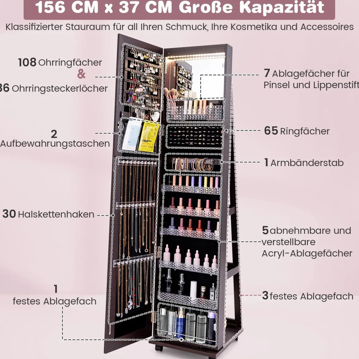 Abschließbarer Schmuckschrank mit Integriertem Schminkspiegel Verstellbaren Ablagen & Stauraum Dunkelbraun