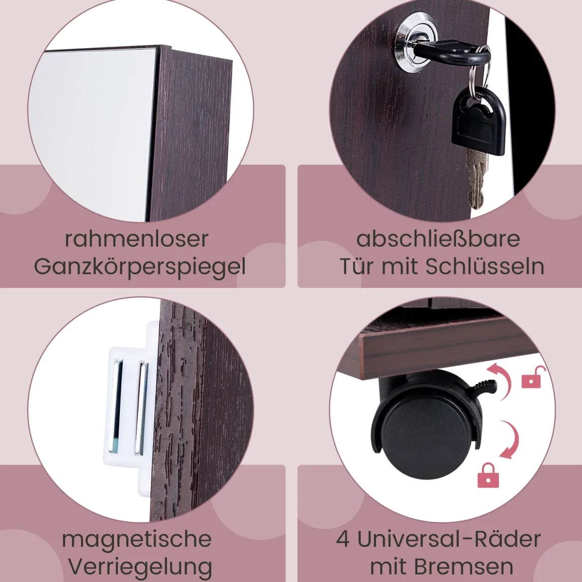 Abschließbarer Schmuckschrank mit Integriertem Schminkspiegel Verstellbaren Ablagen & Stauraum Dunkelbraun