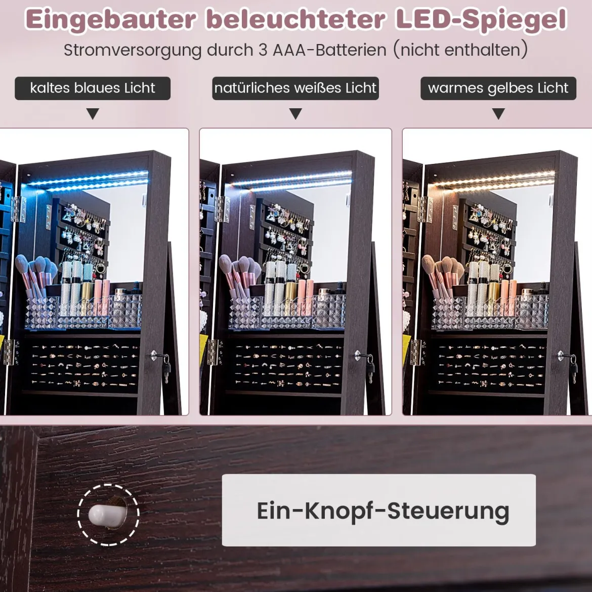 Abschließbarer Schmuckschrank mit Integriertem Schminkspiegel Verstellbaren Ablagen & Stauraum Dunkelbraun