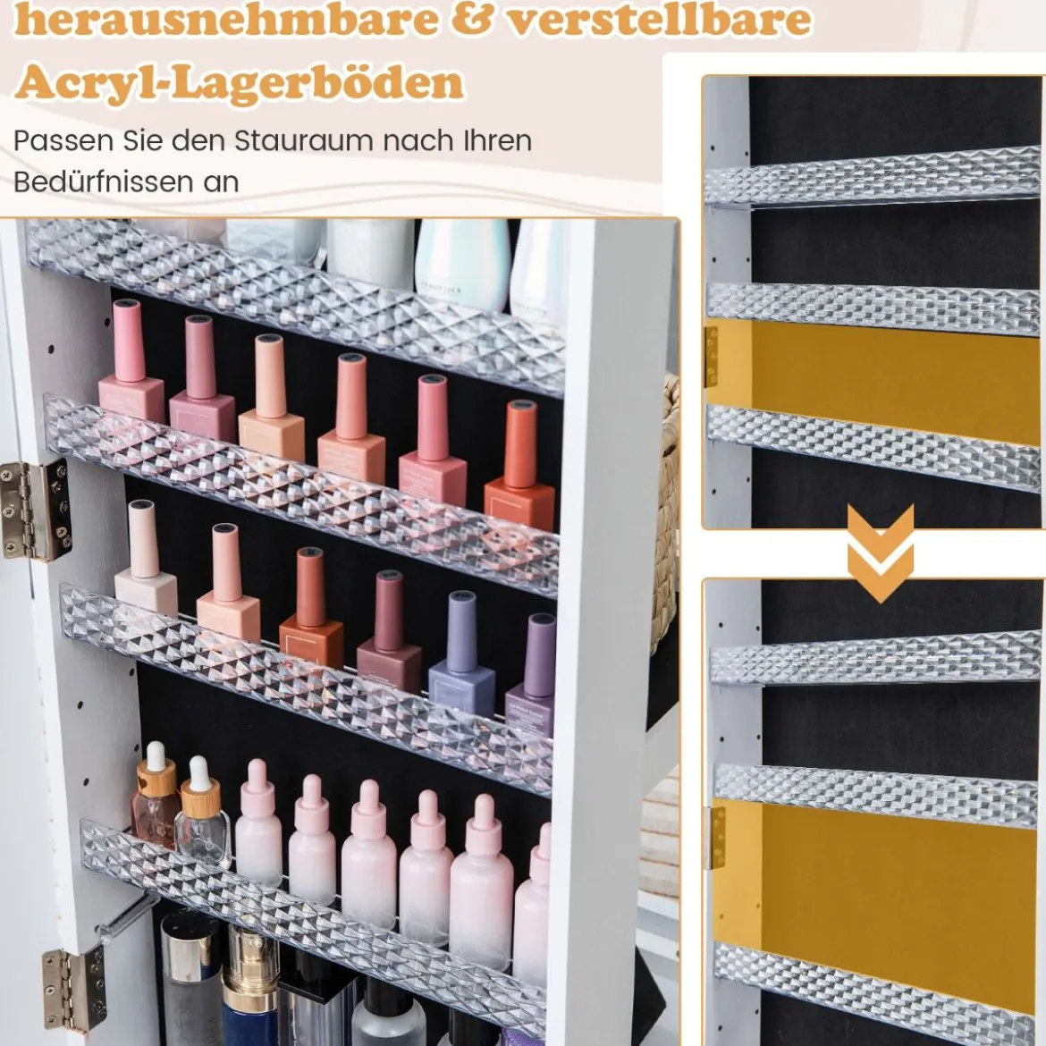 Abschließbarer Schmuckschrank mit integriertem Schminkspiegel verstellbaren Ablagen & Stauraum Weiß