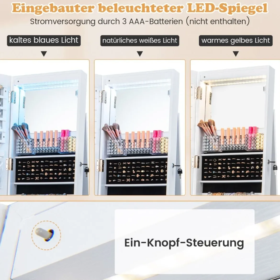 Abschließbarer Schmuckschrank mit integriertem Schminkspiegel verstellbaren Ablagen & Stauraum Weiß