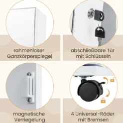 Abschließbarer Schmuckschrank mit integriertem Schminkspiegel verstellbaren Ablagen & Stauraum Weiß