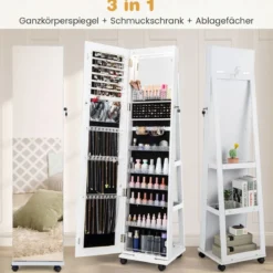 Abschließbarer Schmuckschrank mit integriertem Schminkspiegel verstellbaren Ablagen & Stauraum Weiß
