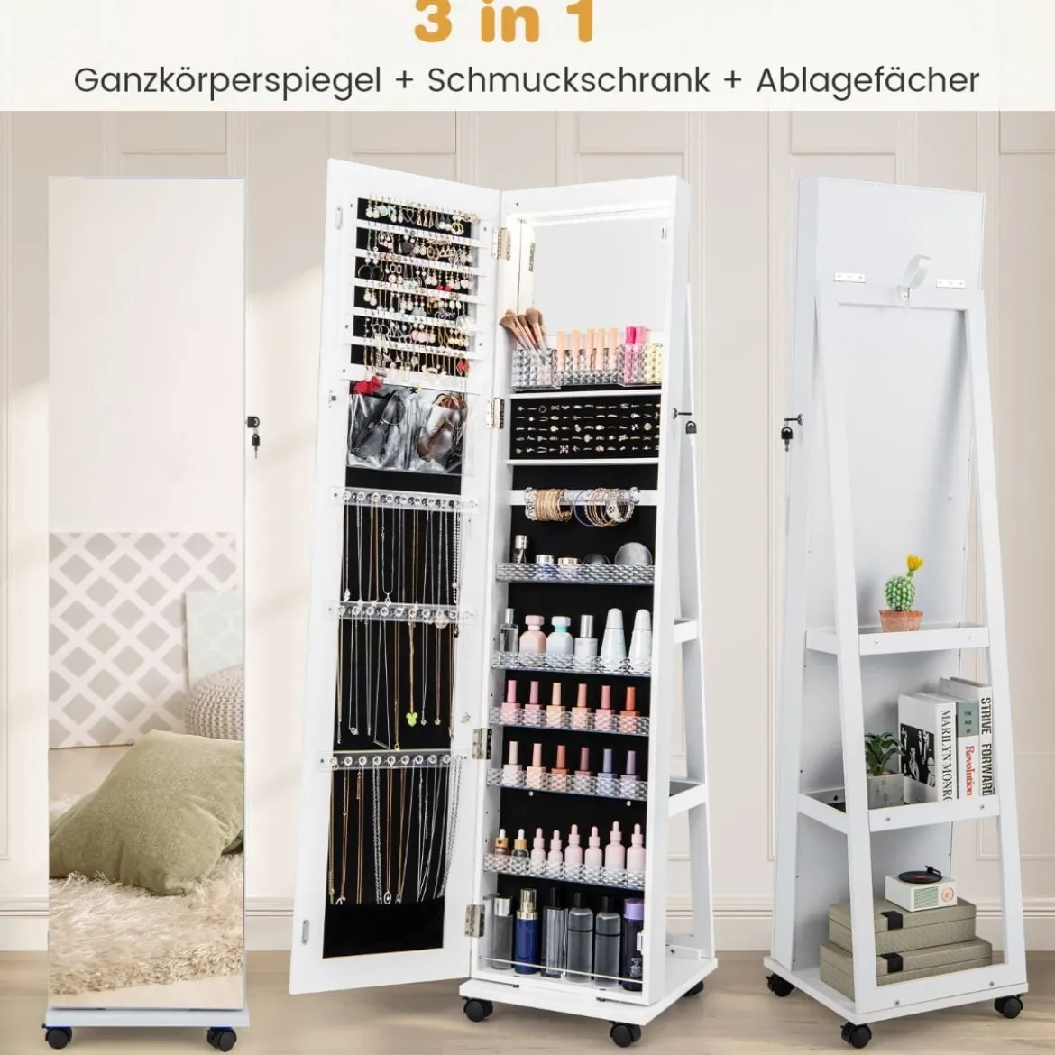 Abschließbarer Schmuckschrank mit integriertem Schminkspiegel verstellbaren Ablagen & Stauraum Weiß