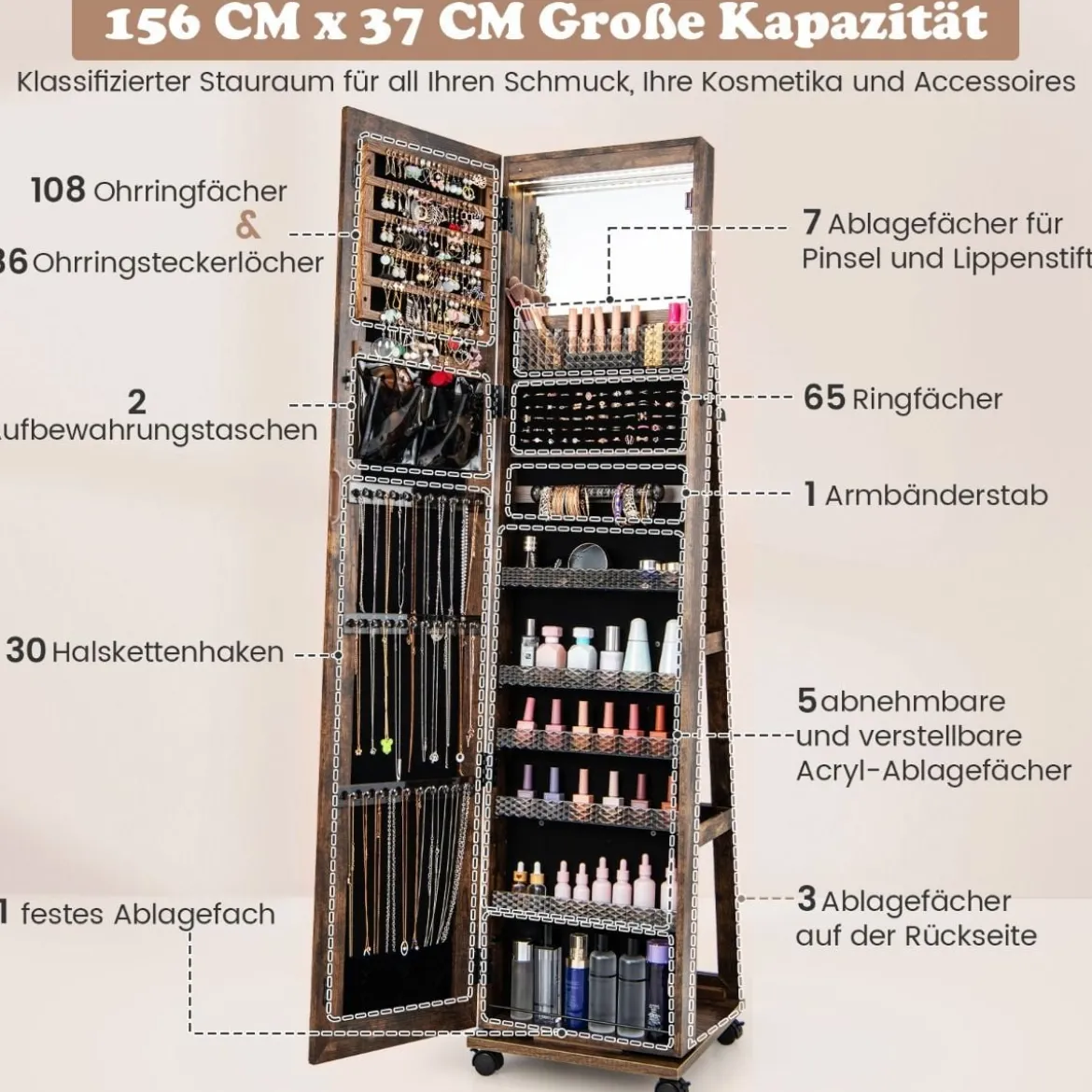 Abschließbarer Schmuckschrank mit integriertem Schminkspiegel verstellbaren Ablagen & Stauraum Kaffee