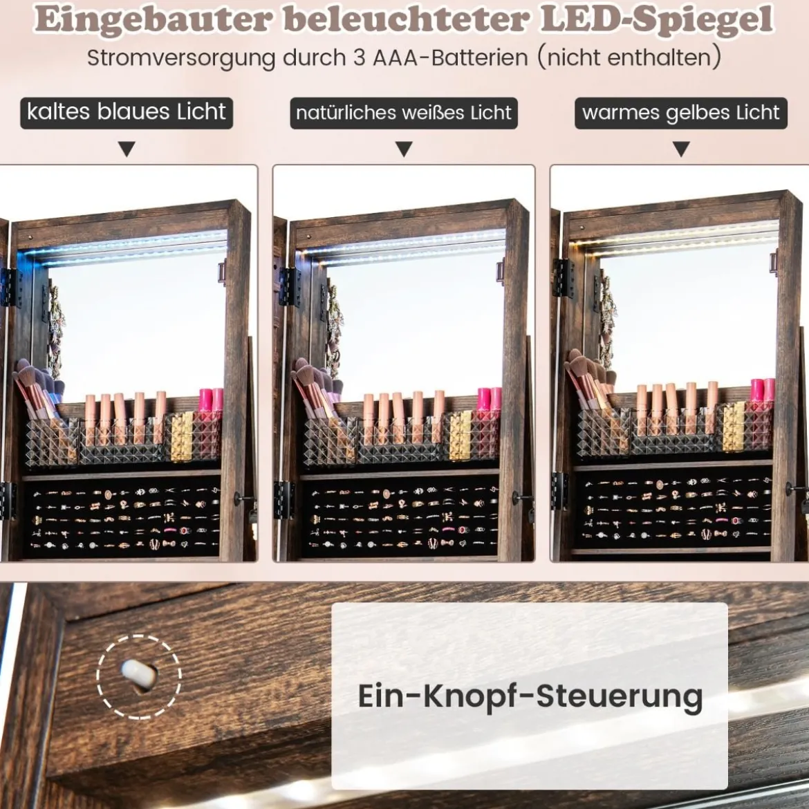 Abschließbarer Schmuckschrank mit integriertem Schminkspiegel verstellbaren Ablagen & Stauraum Kaffee