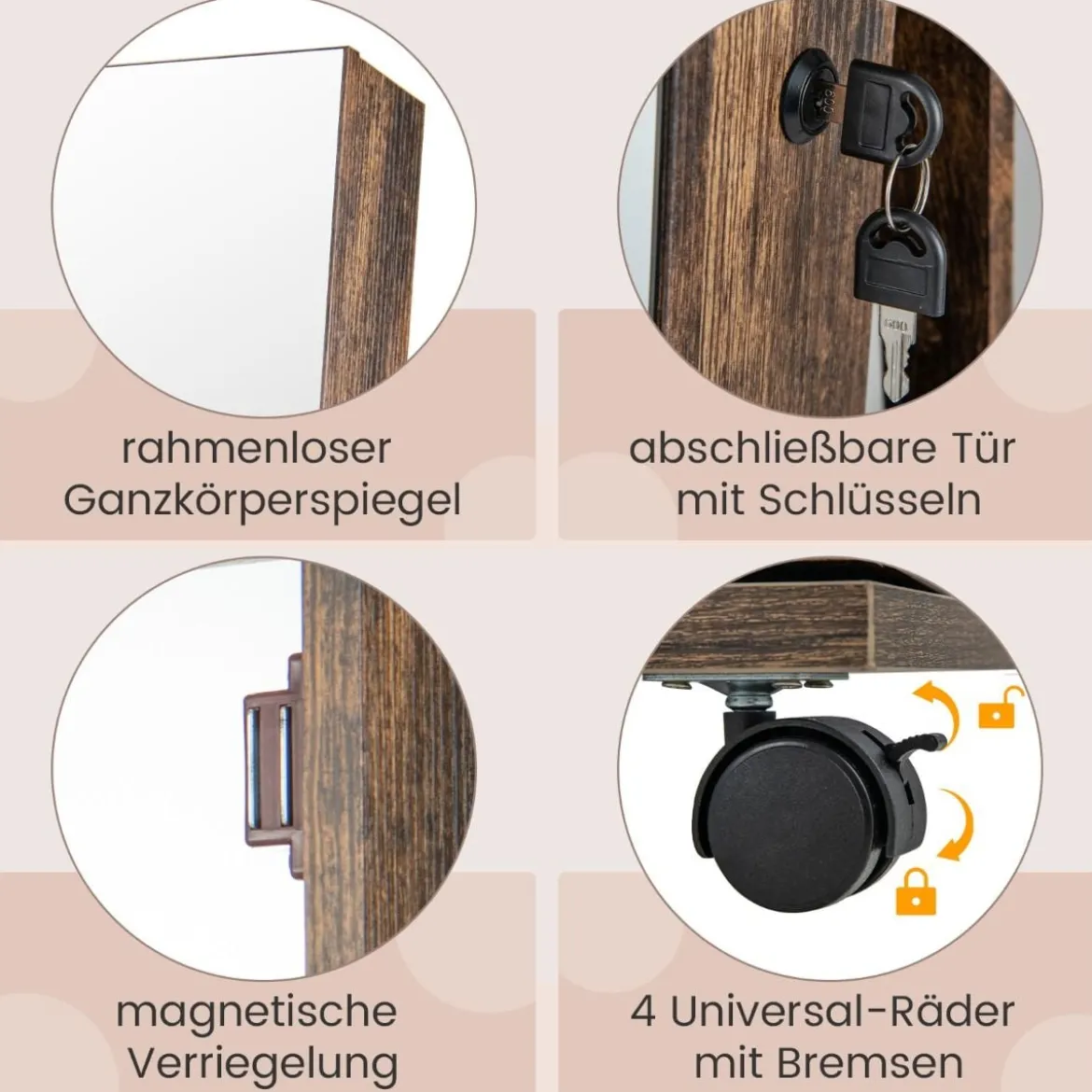Abschließbarer Schmuckschrank mit integriertem Schminkspiegel verstellbaren Ablagen & Stauraum Kaffee