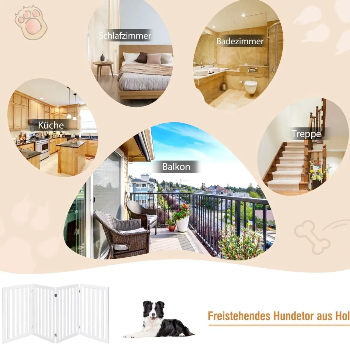 Absperrgitter Hunde 89cm Hoch 4 Paneelen Schutzgitter Holz Kklappbar Weiß