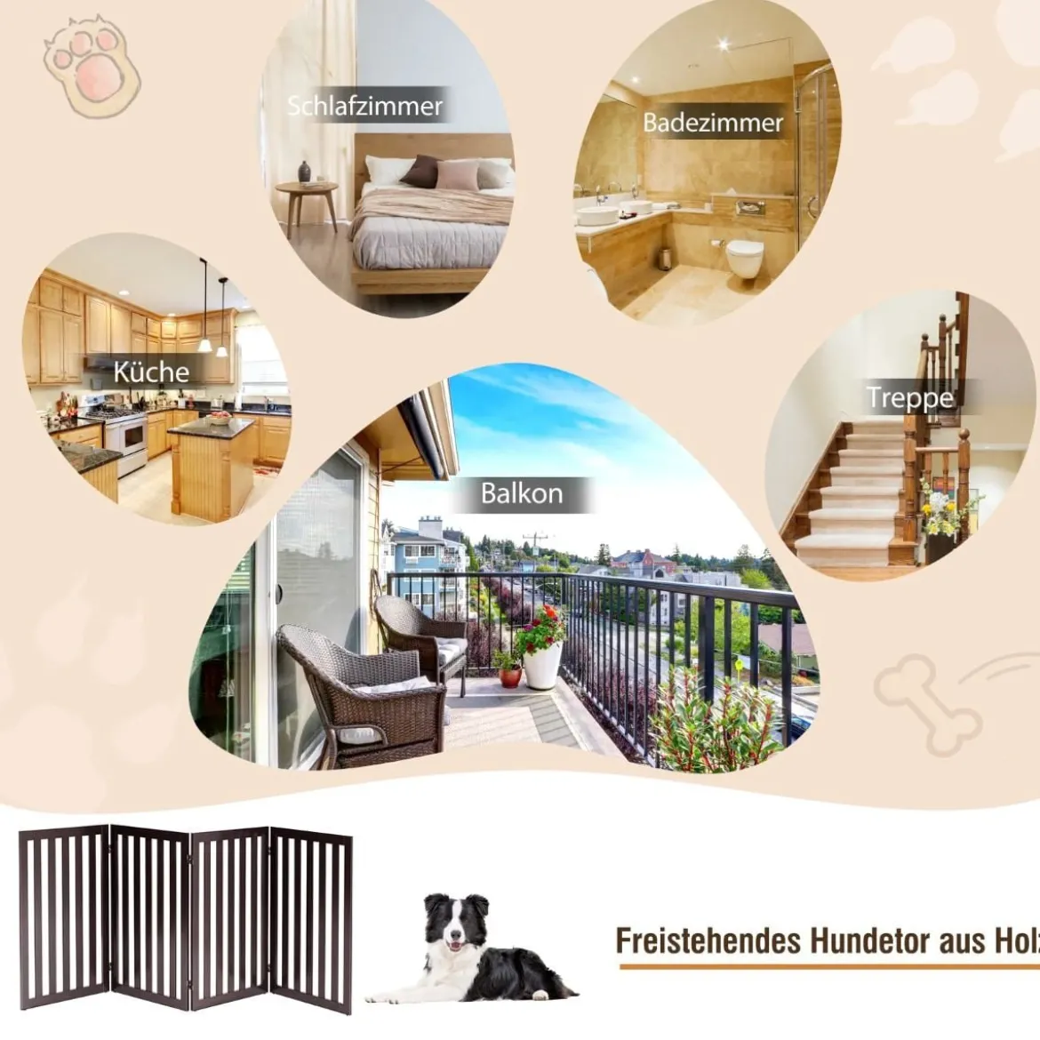 Absperrgitter Hunde 89cm Hoch 4 Paneelen Schutzgitter Holz Klappbar Braun