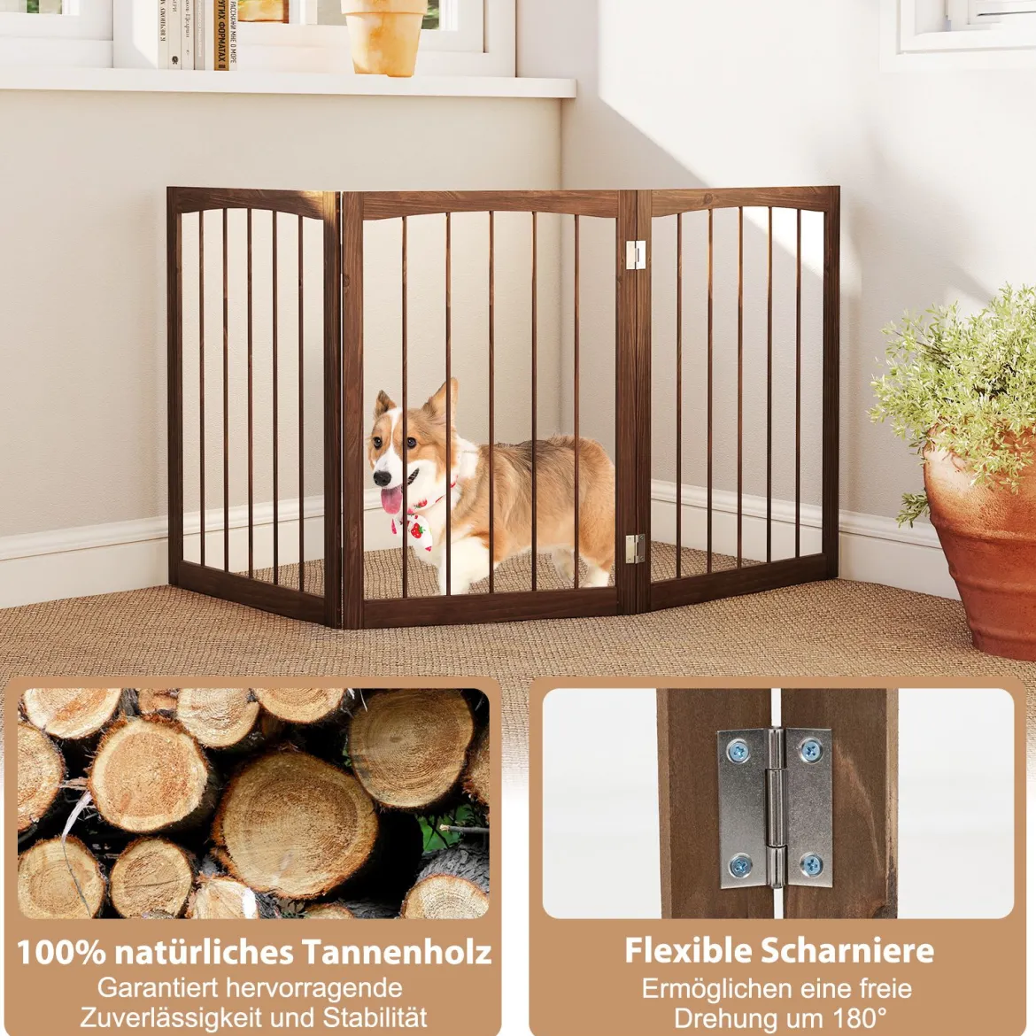 Absperrgitter Hunde 3-teilig Schutzgitter Holz Treppengitter 76cm Hoch Hundeabsperrgitter klappbar Braun