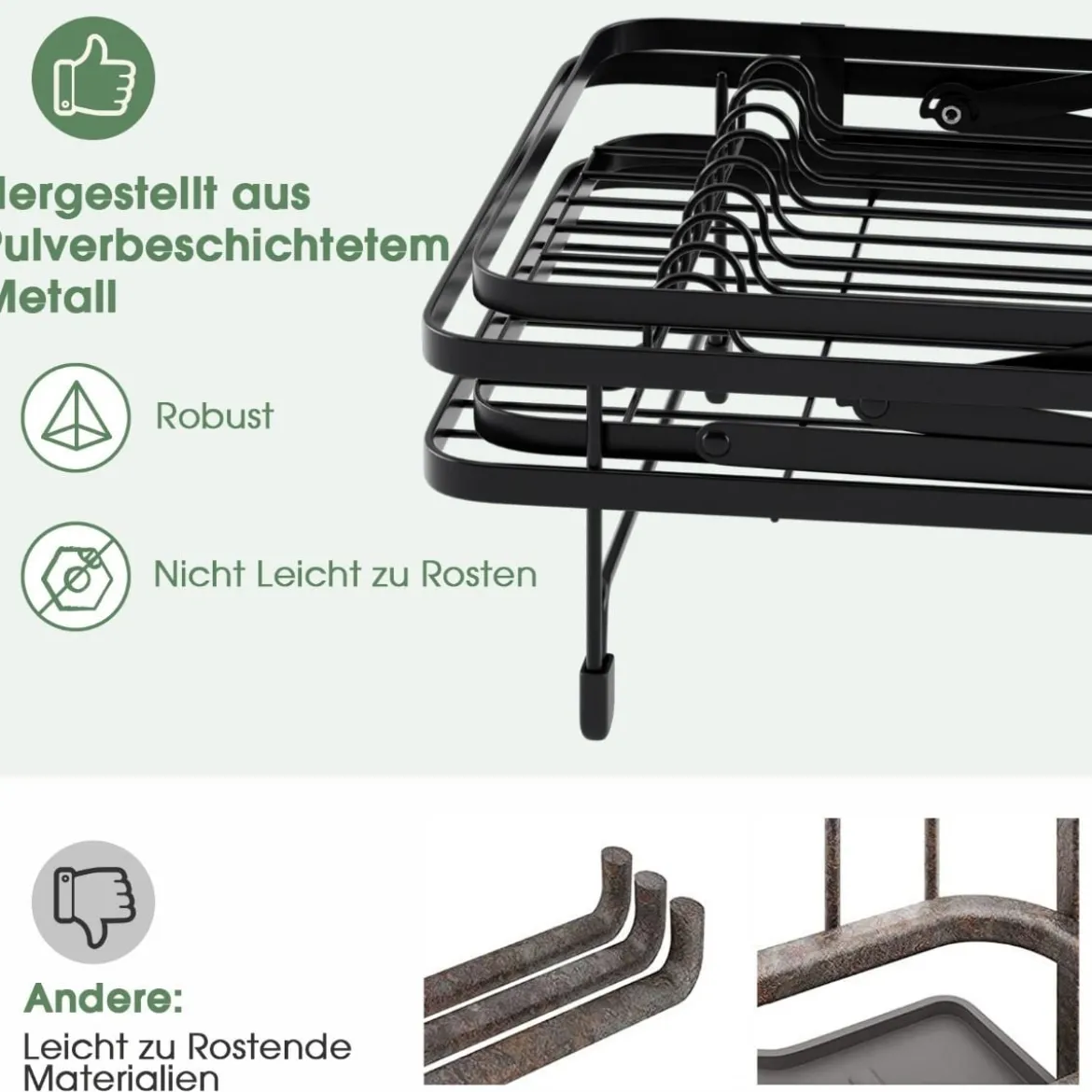 Abtropfgestell 2-Stöckiger Zusammenklappbarer Geschirrkorb aus Metall Schwarz
