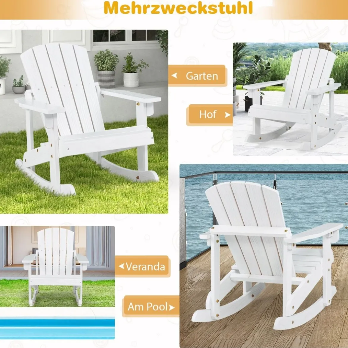 Adirondack-Schaukelstuhl für Kinder Gartensessel aus Holz 50,5 x 69 x 60 cm Weiß