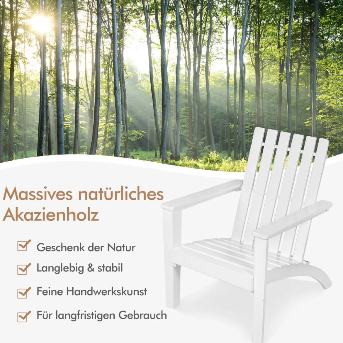 Adirondack Stuhl Adirondack Chair aus Akazienholz Gartensessel bis 160 kg Weiß/Grau/Natur