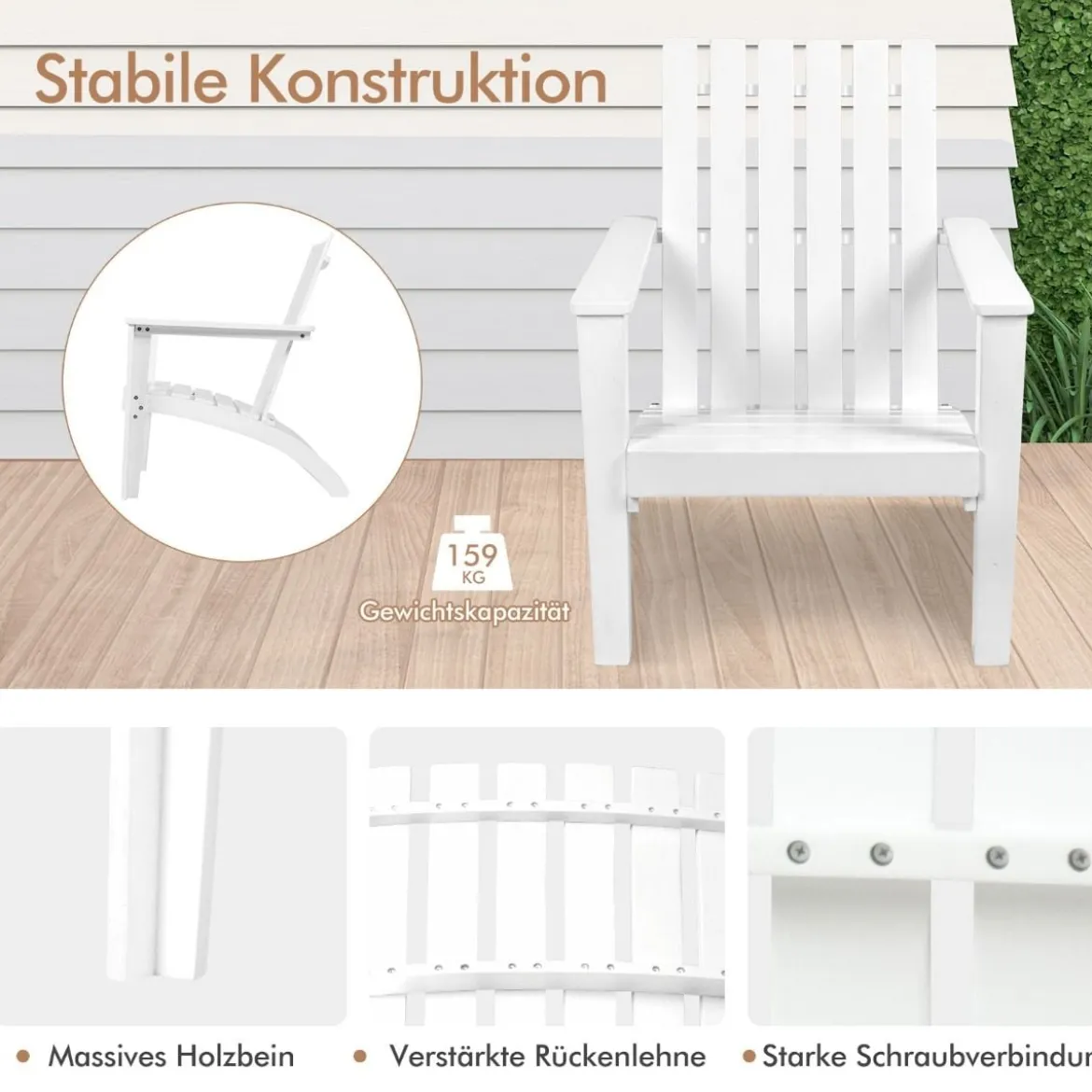 Adirondack Stuhl Adirondack Chair aus Akazienholz Gartensessel bis 160 kg Weiß/Grau/Natur