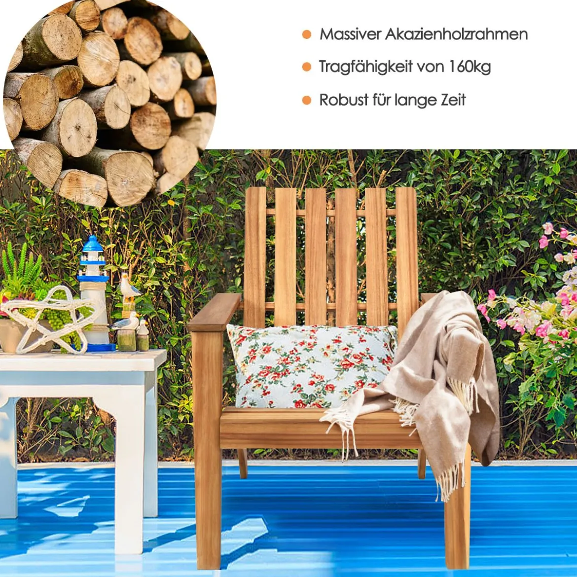 Adirondack Stuhl Adirondack Chair aus Akazienholz Gartensessel bis 160 kg Weiß/Grau/Natur