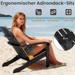 Adirondack Stuhl Gartenstuhl aus Akazienholz mit geneigtem Sitz & hoher Rückenlehne Schwarz