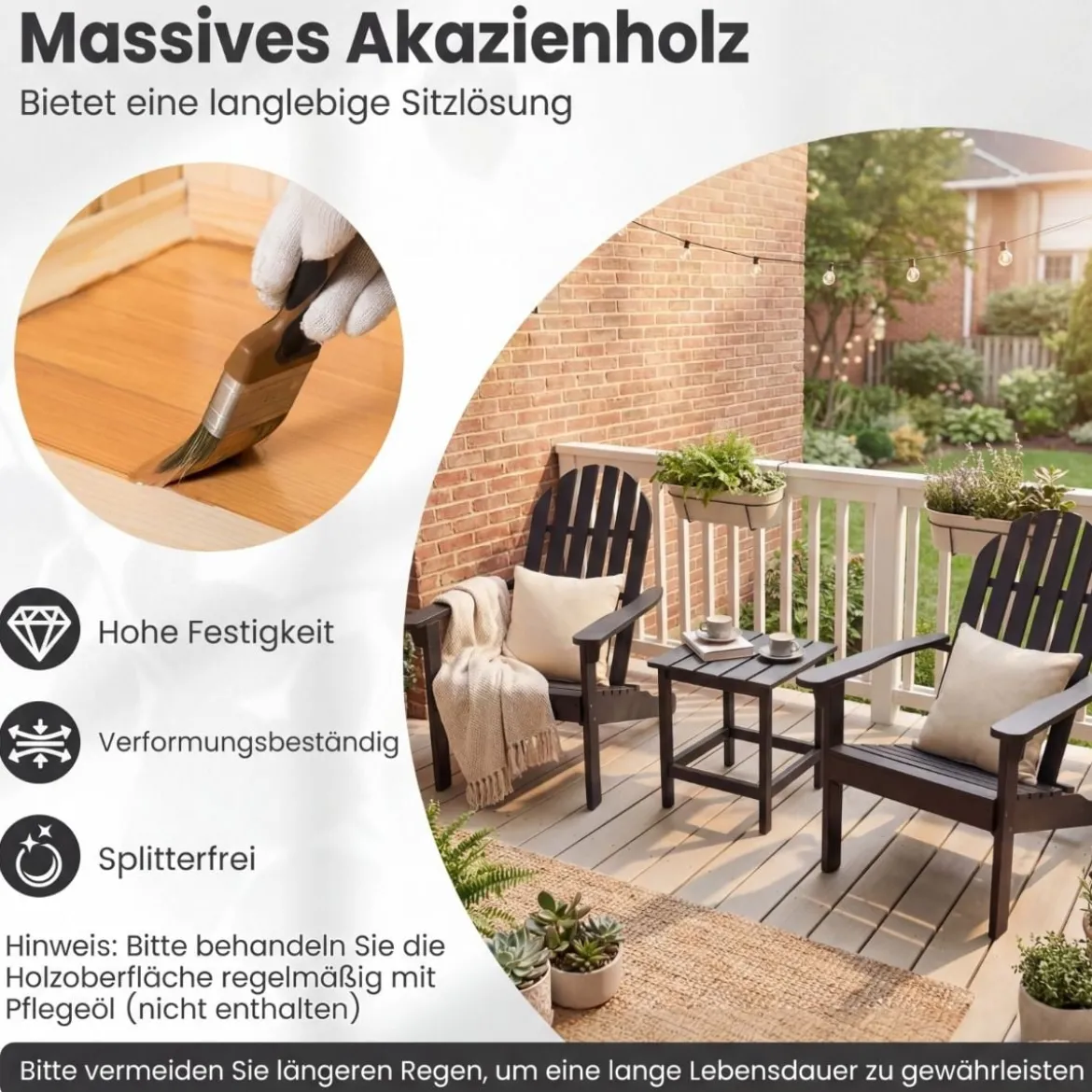 Adirondack Stuhl Gartenstuhl aus Akazienholz mit geneigtem Sitz & hoher Rückenlehne Schwarz