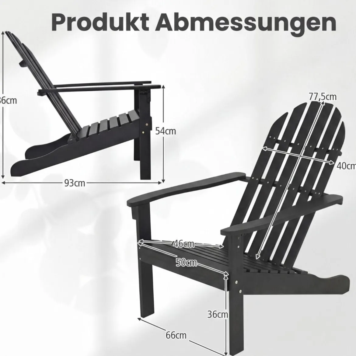 Adirondack Stuhl Gartenstuhl aus Akazienholz mit geneigtem Sitz & hoher Rückenlehne Schwarz