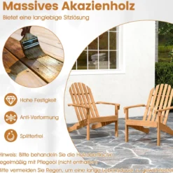 Adirondack Stuhl Gartenstuhl aus Akazienholz mit geneigtem Sitz & hoher Rückenlehne Natur