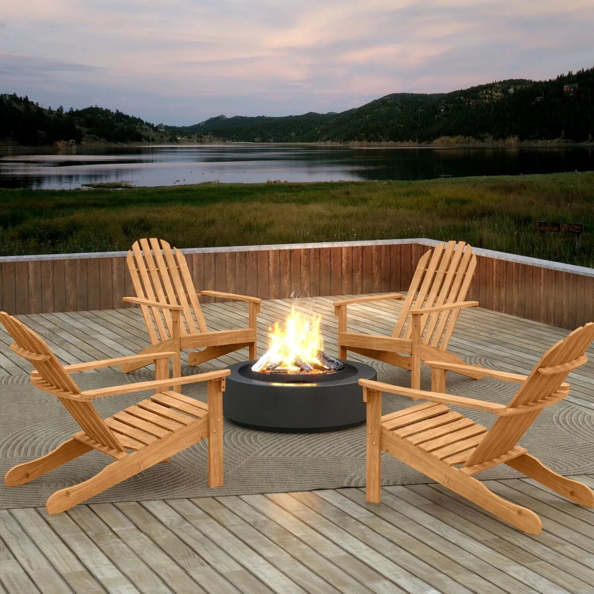Adirondack Stuhl Gartenstuhl aus Akazienholz mit geneigtem Sitz & hoher Rückenlehne Natur