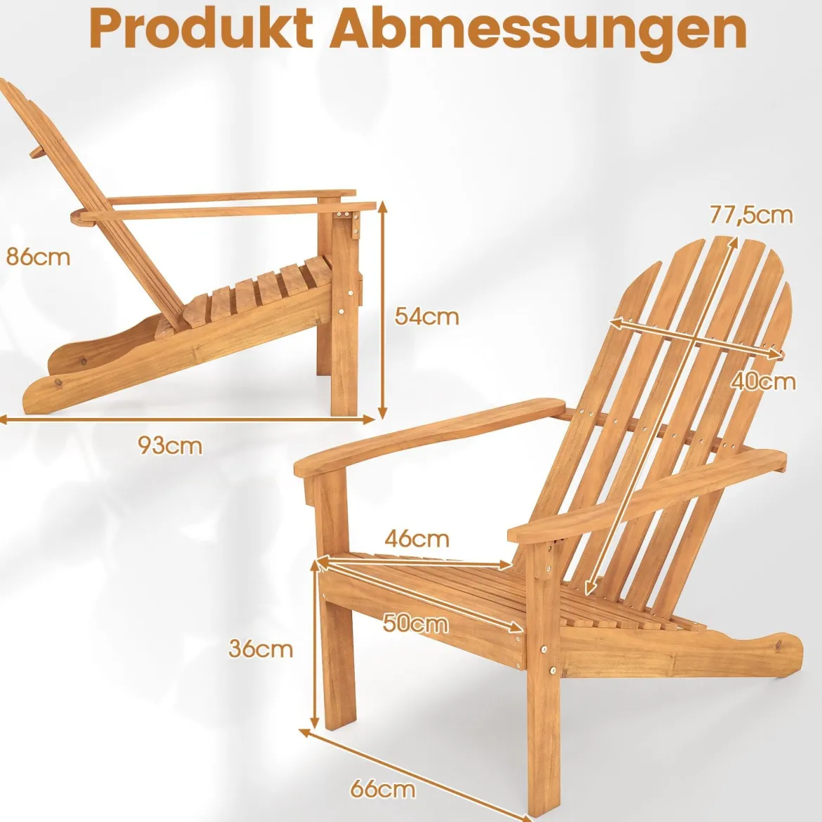 Adirondack Stuhl Gartenstuhl aus Akazienholz mit geneigtem Sitz & hoher Rückenlehne Natur